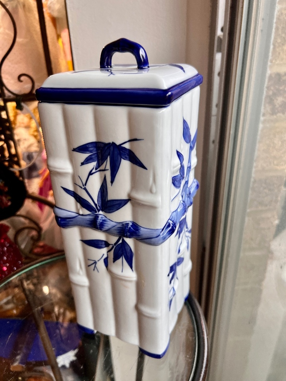 Beautiful Hand-Painted Blue & White Bamboo Ceramic Chinoiserie Square Canister